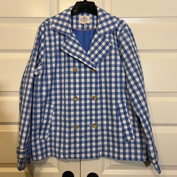 St Johns Bay Gingham Double Breasted Trench Coat Jacket in Blue and White‎ - Picture 2 of 10